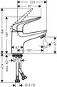 Einhebel-Waschtischmischer von Hansgrohe mit Abmessungen und Anschlüssen, schematische Darstellung mit verschiedenen Maßangaben.